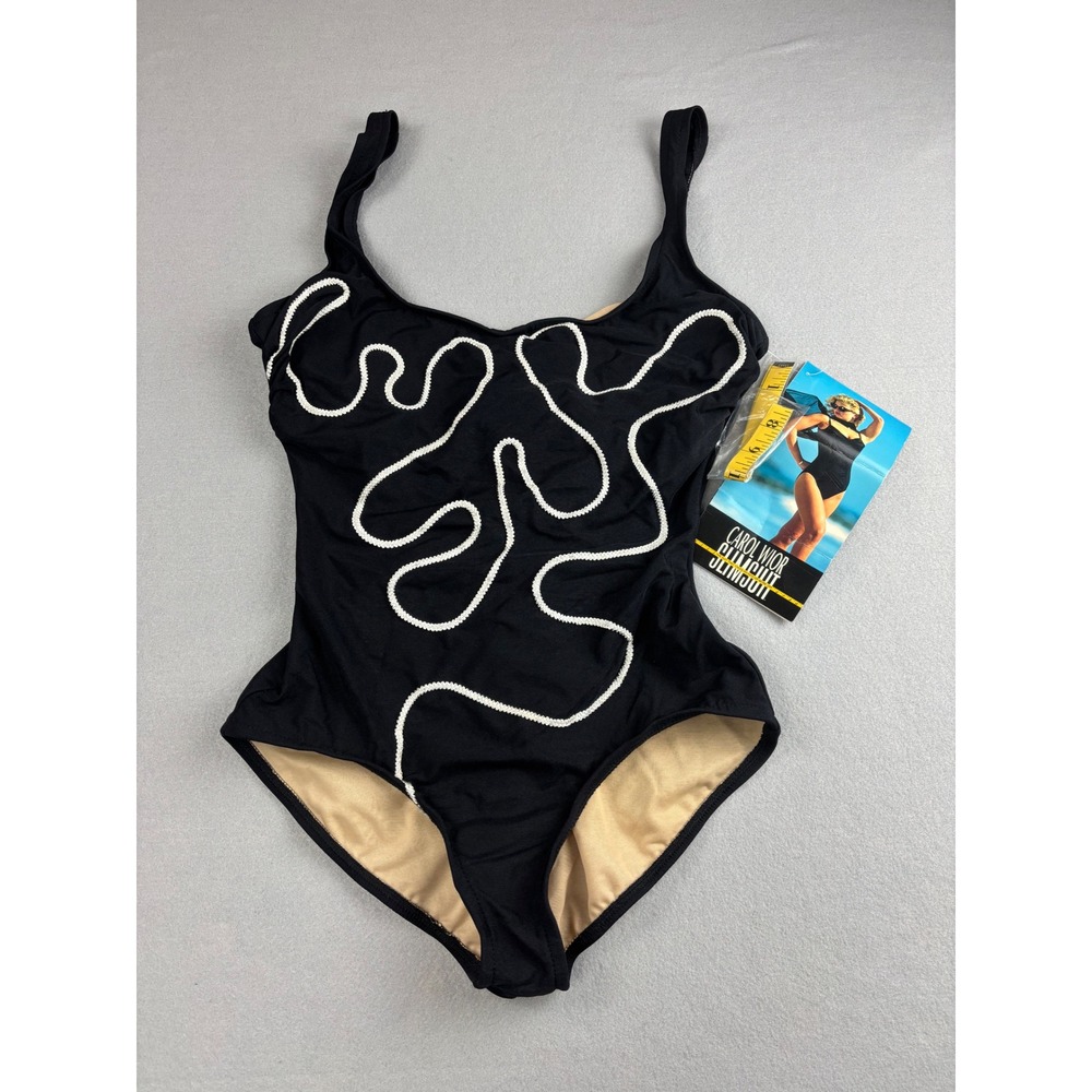 Vintage Carol Wior The Slimsuit One Piece Bathing Suit Black White Soutache 14
